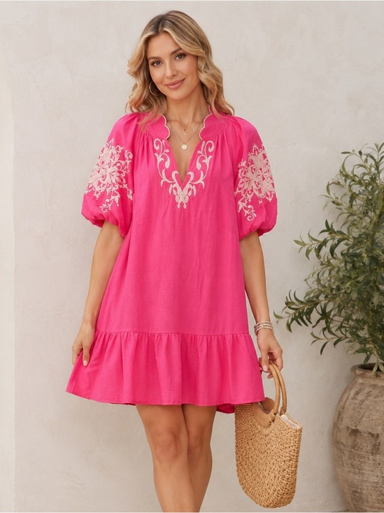 Umgee Dresses & Skirts - Umgee Hot Pink Embroidered Puff Sleeve Mini Dress